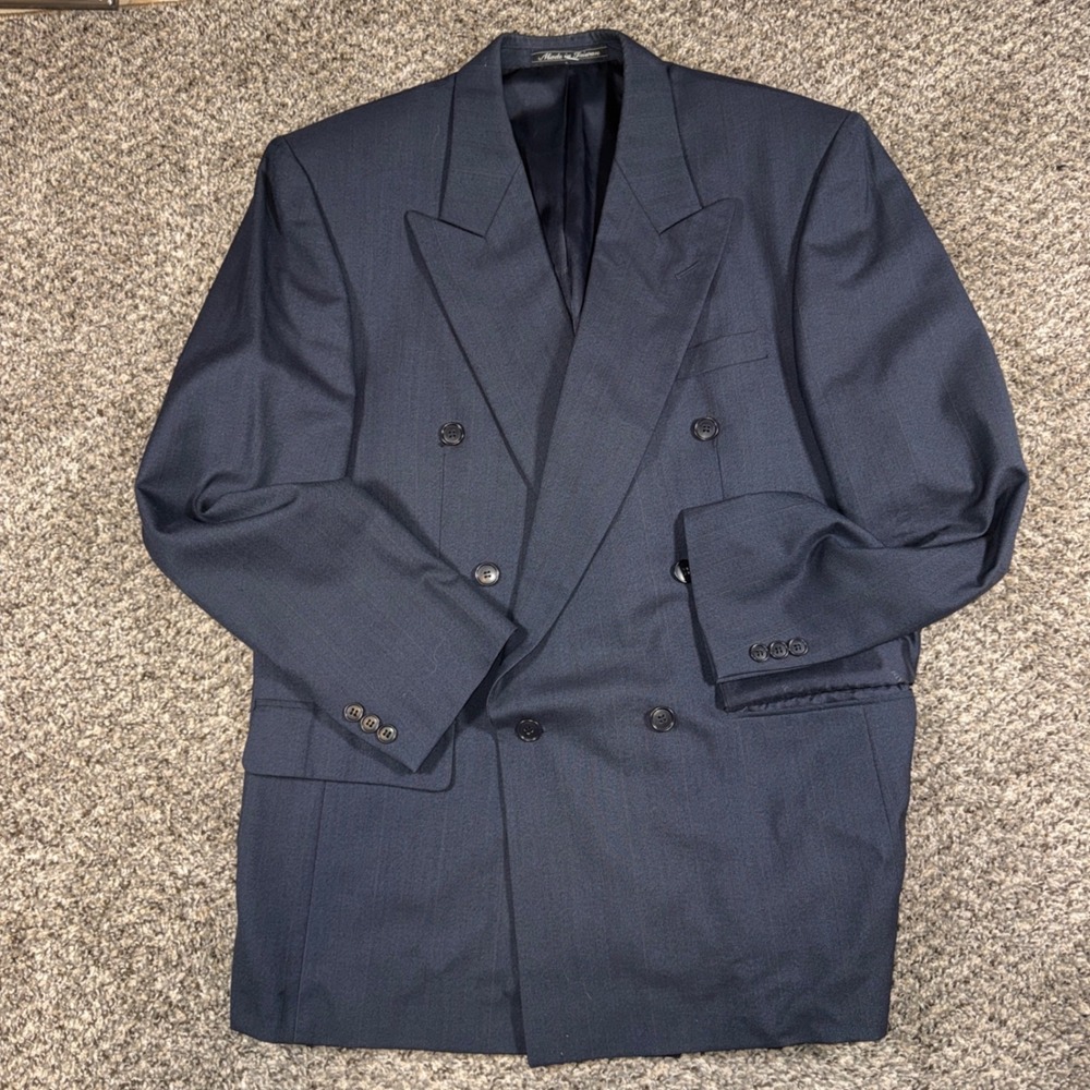 Vintage Pierre Balmain 42R Navy Blue Pinstripe Double Breasted Wool Blazer